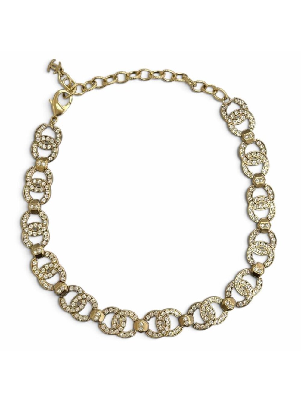 Chanel CC Logo Rhinestone Choker Necklace Gold